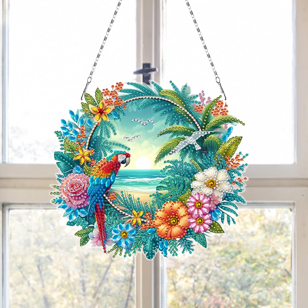 C'eitura DIY Acrylic Beach Flower Parrots Diamond Painting Kit, 5D Special Shape Drill Ocean Art for Home Decor, Unique Summer Gift，Relaxing DIY Craft Kit for Adults & Teens