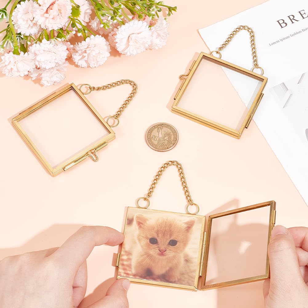 OLYCRAFT 6pcs Gold Mini Glass Hanging Frame 2.1x2.1 Inch Gold Metal Picture Frames Clear Double Glass Floating Frames Hanging Artwork Display Frame for Pressed Flowers Leaf and Artwork