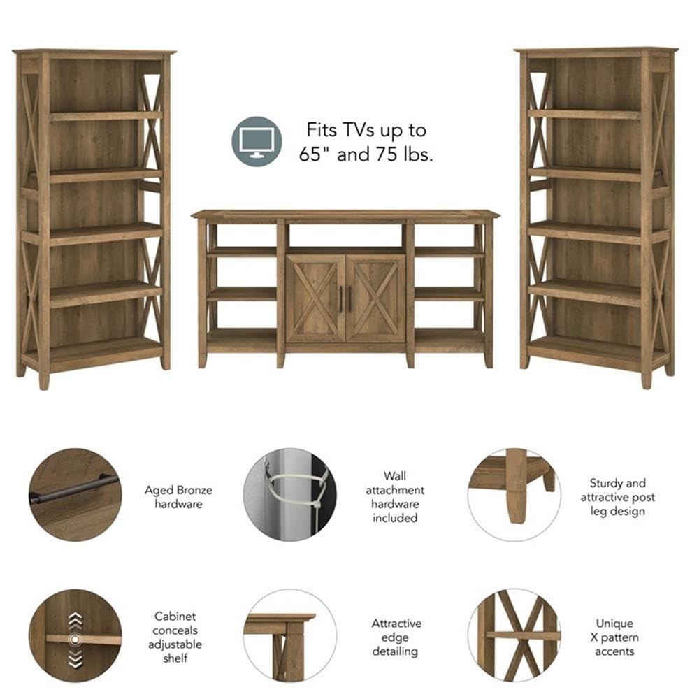 Bush Furniture Key West Tall TV Stand with Set of 2 Bookcases, Farmhouse Entertainment Center for 65 Inch Television, 17D x 60W x 66H, Reclaimed Pine