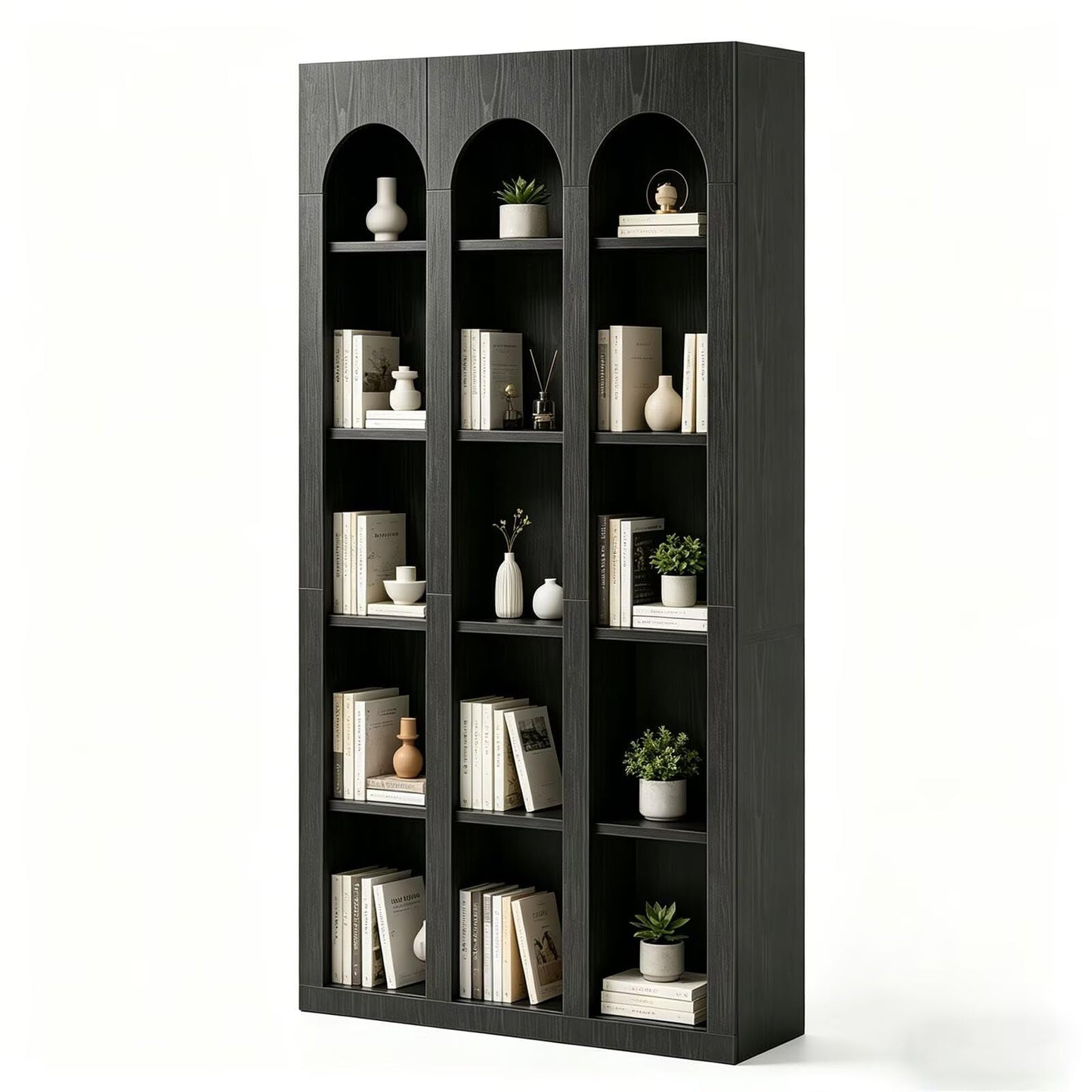 GTYLOPEE Arched 5-Tier Bookcase-Farmhouse Open Storage Bookshelf with 15 Cubbies Tall Freestanding Display Shelf for Living Room Home Office Bedroom(Black)