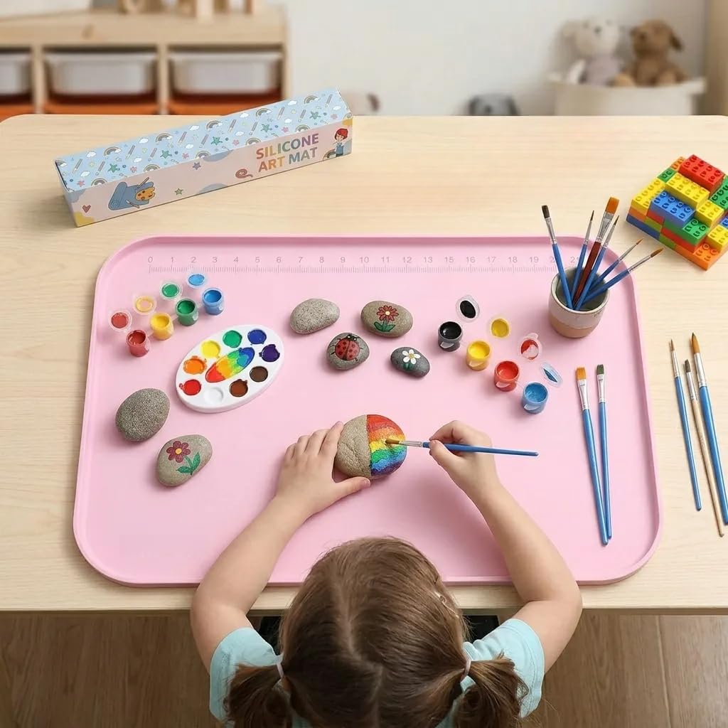 AWOKE 24"x16" Silicone Mats for Crafts with 0.7" High Edges, Large Leak-Proof Art Mat for Playdoh, Resin, Painting, Clay, Slime,Beads, Lego, Puzzle, Non-Stick & Non-Slip Table Protector for Kids, Pink