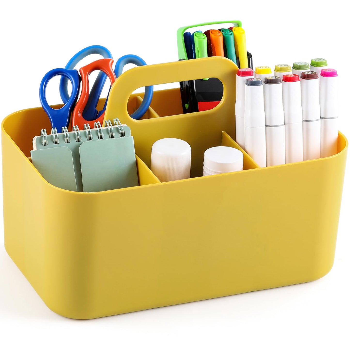 Multiuse Caddy Organizer with Handle, Portable Divided Plastic Tote Bin - Art Craft, Stationary Pen Marker Crayon, Makeup Hair Supplies Storage - Bathroom, Classroom, Dorm, Office, Desk Holder -Yellow