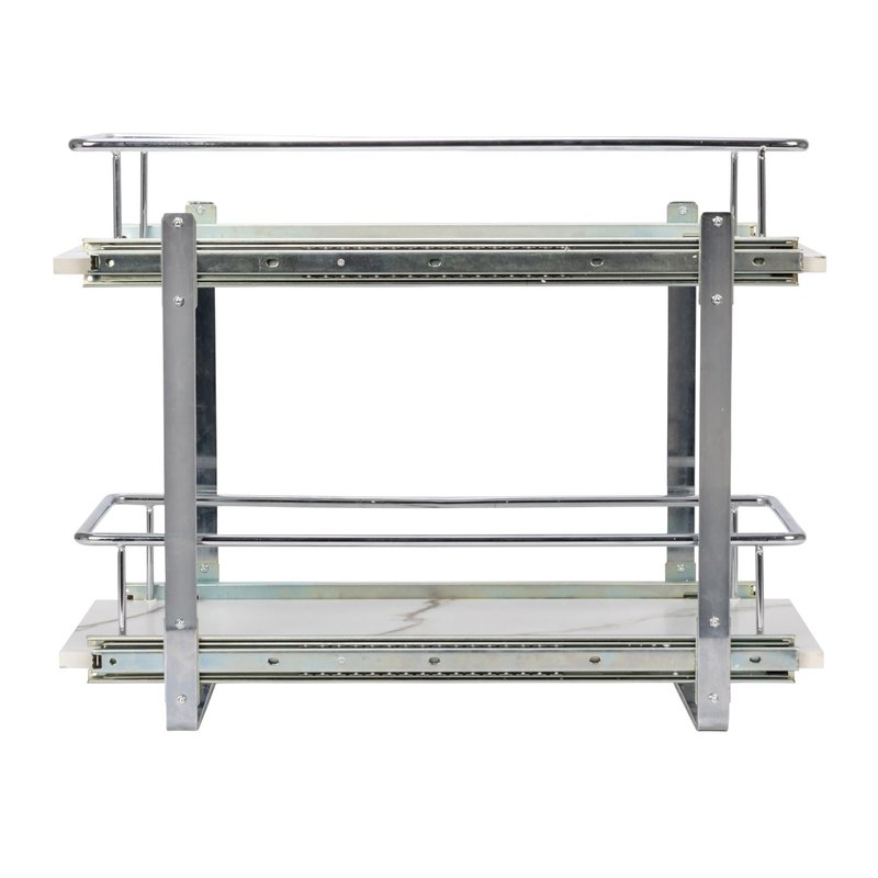 Household Essentials Glidez Chrome-Plated Steel and Faux Marble 2-Tier Pull-Out/Slide-Out Storage Organizer, 11.25" Wide, White and Chrome