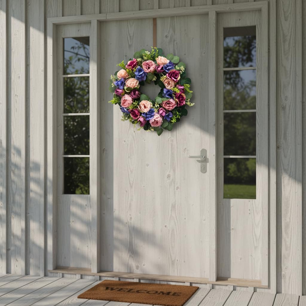 Svndlyn 22 Inch Lighted Floral Wreath with Timer for Front Door Decor