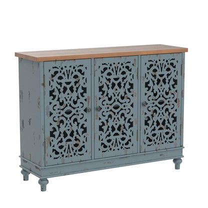 Sophia & William Sideboard Buffet Credenza Cabinet, 3-Door Hollow-Carved Accent Cabinet, Distressed Sideboard Storage Cabinet with Wood Veneer for Kitchen, Living Room, Dining Room, Entryway, Blue