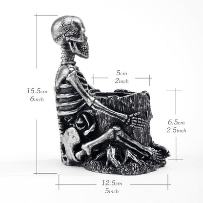 Arola Skull Pen Pencil Holder Skeleton Key Holder Makeup Brush Holder Home Office Desk Supplies Organizer Accessory（Silver-Plated）