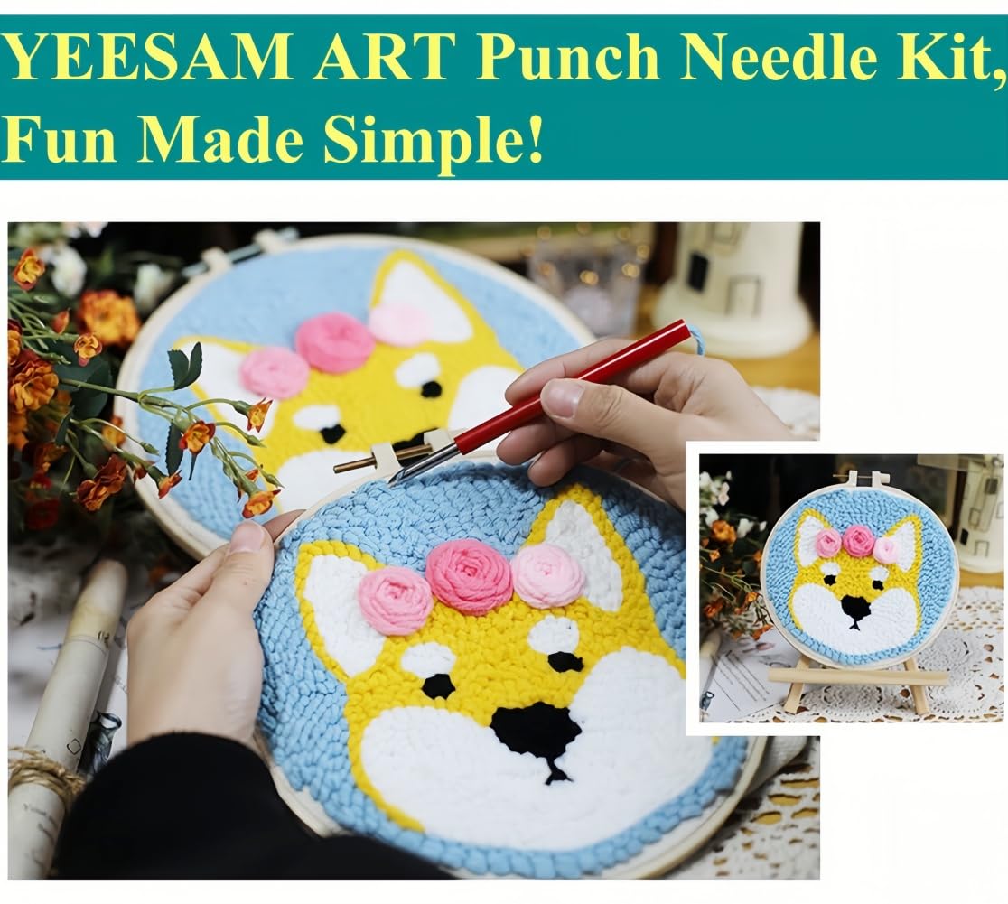 YEESAM ART Punch Needle Kit with Evil Eye Flowers Yin Yang Set of 6 Patterns, Full Set DIY Punch Needle Tufting Coaster Yarn Rug Embroidery Set with Hoop Tool, Easy Craft for Adults Beginners