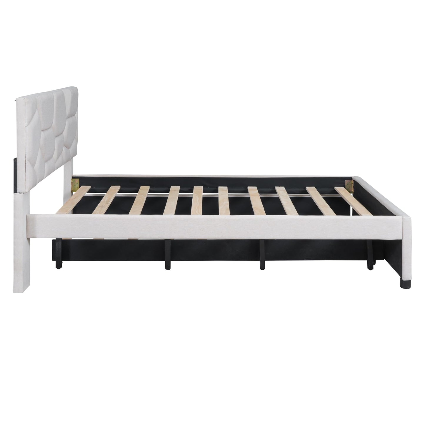 Brisca Full Size Linen Upholstered Platform Bed with Brick Pattern Headboard and Twin Size Trundle,Bed Frame W/ 10 Wooden Slats & 4 Supporting Legs,for Bedroom,Apartment,Guest Room,Beige