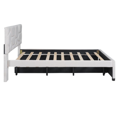 Brisca Full Size Linen Upholstered Platform Bed with Brick Pattern Headboard and Twin Size Trundle,Bed Frame W/ 10 Wooden Slats & 4 Supporting Legs,for Bedroom,Apartment,Guest Room,Beige