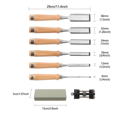 HODYANN 8 Pieces Wood Chisel Tool Sets, 11.4in Woodworking Carving Chisel Kit with Honing Guide, Sharpening Stone and Wooden Case