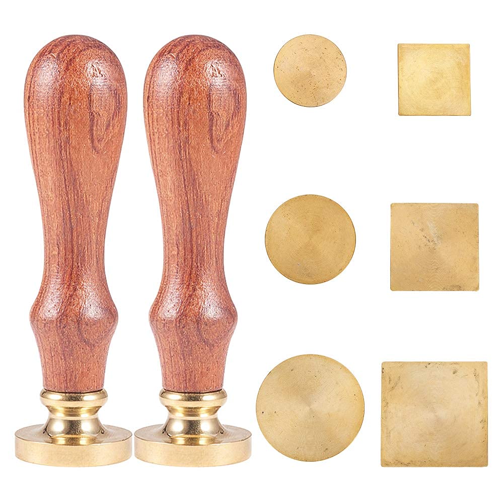 CRASPIRE Blank Wax Seal Stamp Set 6PCS Sealing Solid Brass Stamp Head 20-30.5mm Round Square+2PCS Wood Handle Retro Removable Brass Stamp Kit for Letter Envelope Invitation Wedding Gift Decoration