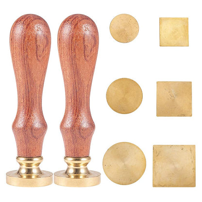 CRASPIRE Blank Wax Seal Stamp Set 6PCS Sealing Solid Brass Stamp Head 20-30.5mm Round Square+2PCS Wood Handle Retro Removable Brass Stamp Kit for Letter Envelope Invitation Wedding Gift Decoration