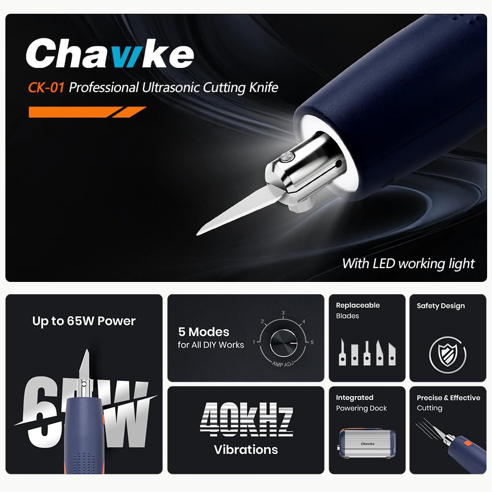 Chawke Profession 65W Ultrasonic Cutter Knife 40kHz Vibration Cutting 3D Print Resin, Dental Model Plastic, Car Modification Carbon fiber Acrylic Trimming Deburr DIY Power-driven Tools (Pro Version)