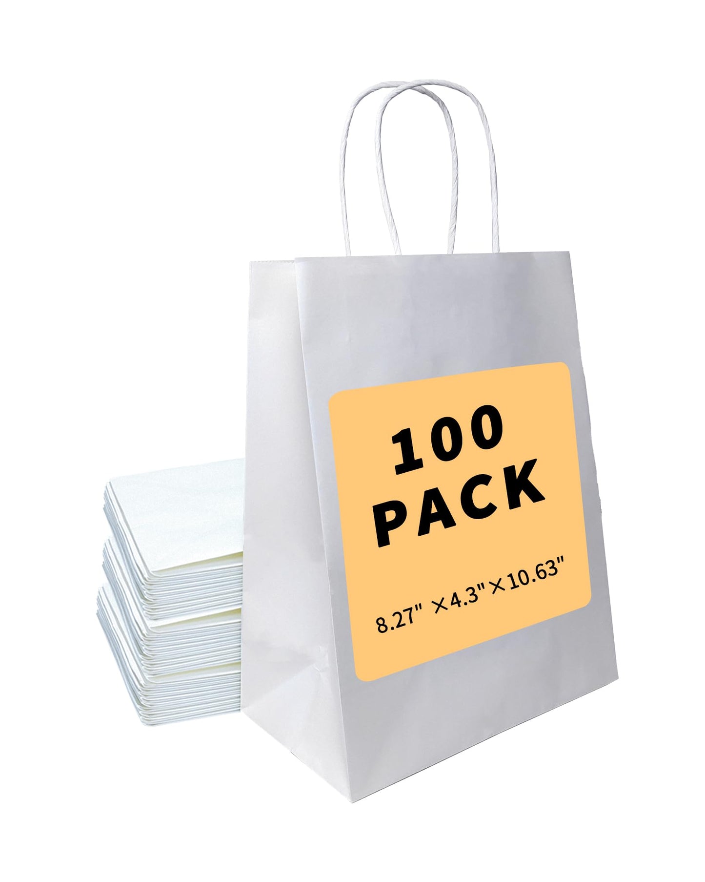 BAG BOX 100 Pack 8.25x4.3x10.6 Inch White Gift Bags with Handles,Bulk Kraft Paper Bags for Shopping, Retail, Merchandise, Wedding, Party Favors, Paper Grocery Sacks