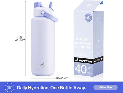 POWCAN 40 oz Insulated Water Bottle - 2-in-1 Straw & Spout Lid, Leak-Proof, BPA-Free, Double Wall Stainless Steel (Lupine)