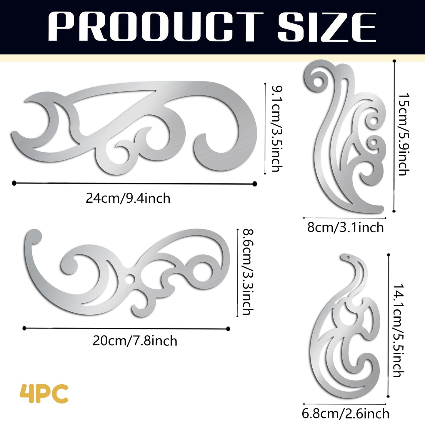 ORIGACH 4 Pcs Stainless Steel French Curve Ruler Metal Drafting Stencils Stainless Steel Template Rulers for Leather Sewing DIY Craft Supplies