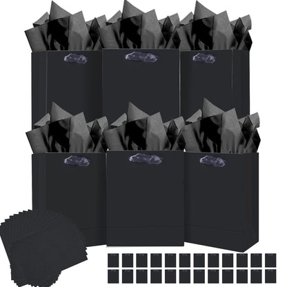 qiqee 24pcs Black Gift Bags with Tissue Paper for Wedding, Birthday, Party Supplies-7.9"x4.3"x9.6" Medium Size Cardboard Gift Bags（24pcs Bags + Tissue Paper ）