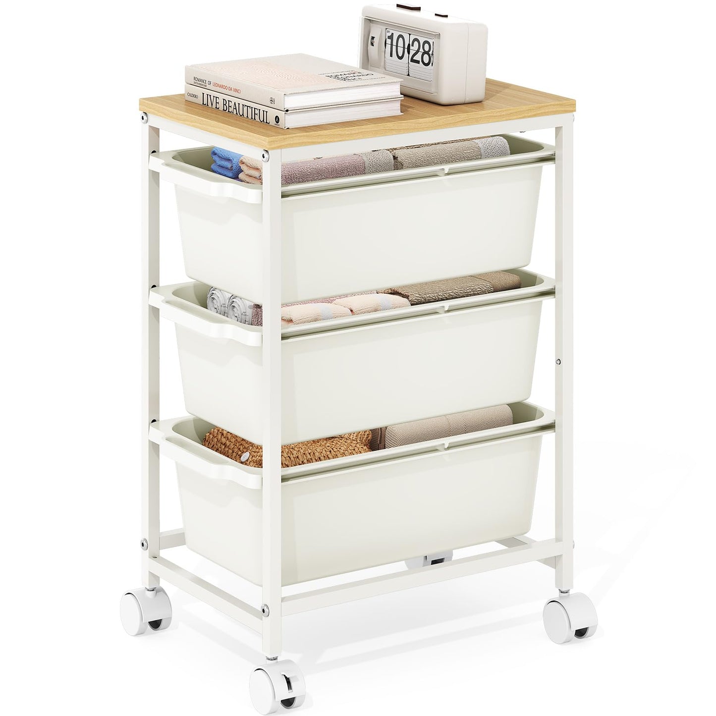Rolling Storage Cart with 3 Drawers, Craft Organizer, Wooden Tabletop Utility Cart for Bedroom, Children's Room and Office Organization, Under Desk Trolley with Lockable Wheels,White