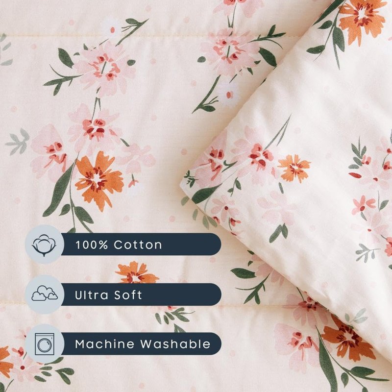 Wake In Cloud - Cot Nap Mat with Pillow and Blanket, 100% Cotton Fabric, for Toddler Kids Girls Ages 3 Plus in Daycare Kindergarten Preschool with Elastic Corner Straps, Floral Flowers, Light Pink