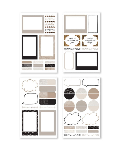 Rongrong Treasured Memory Sticker Book – 24 Pages of Vintage-Inspired Stickers for Journals, Planners & Scrapbooks – Neutral Tones, Handwritten Notes, Quotes & Photo Frame Stickers