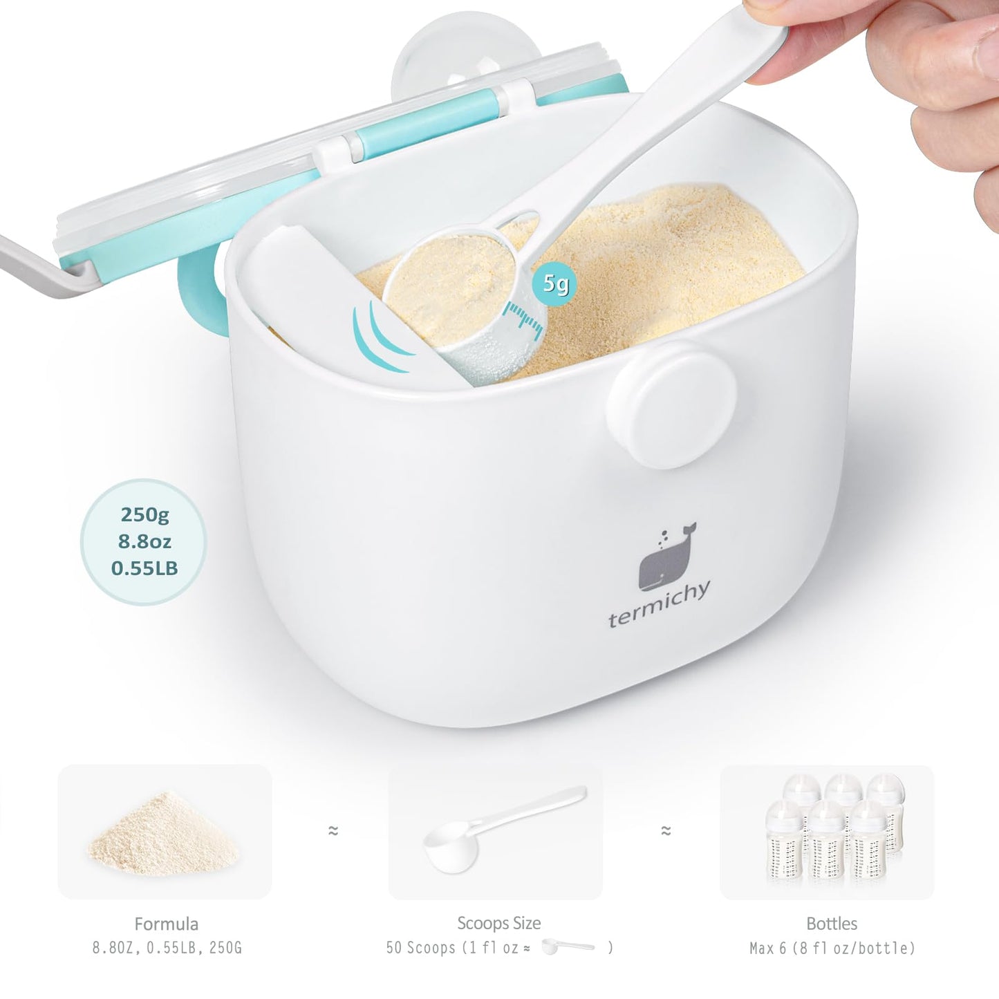 Termichy Baby Formula Dispenser, Portable Milk Powder Dispenser Container with Carry Handle and Scoop for Travel Outdoor Activities with Baby Infant, 8.8OZ, 0.55LB, 250g, 500ml (Baby Blue)