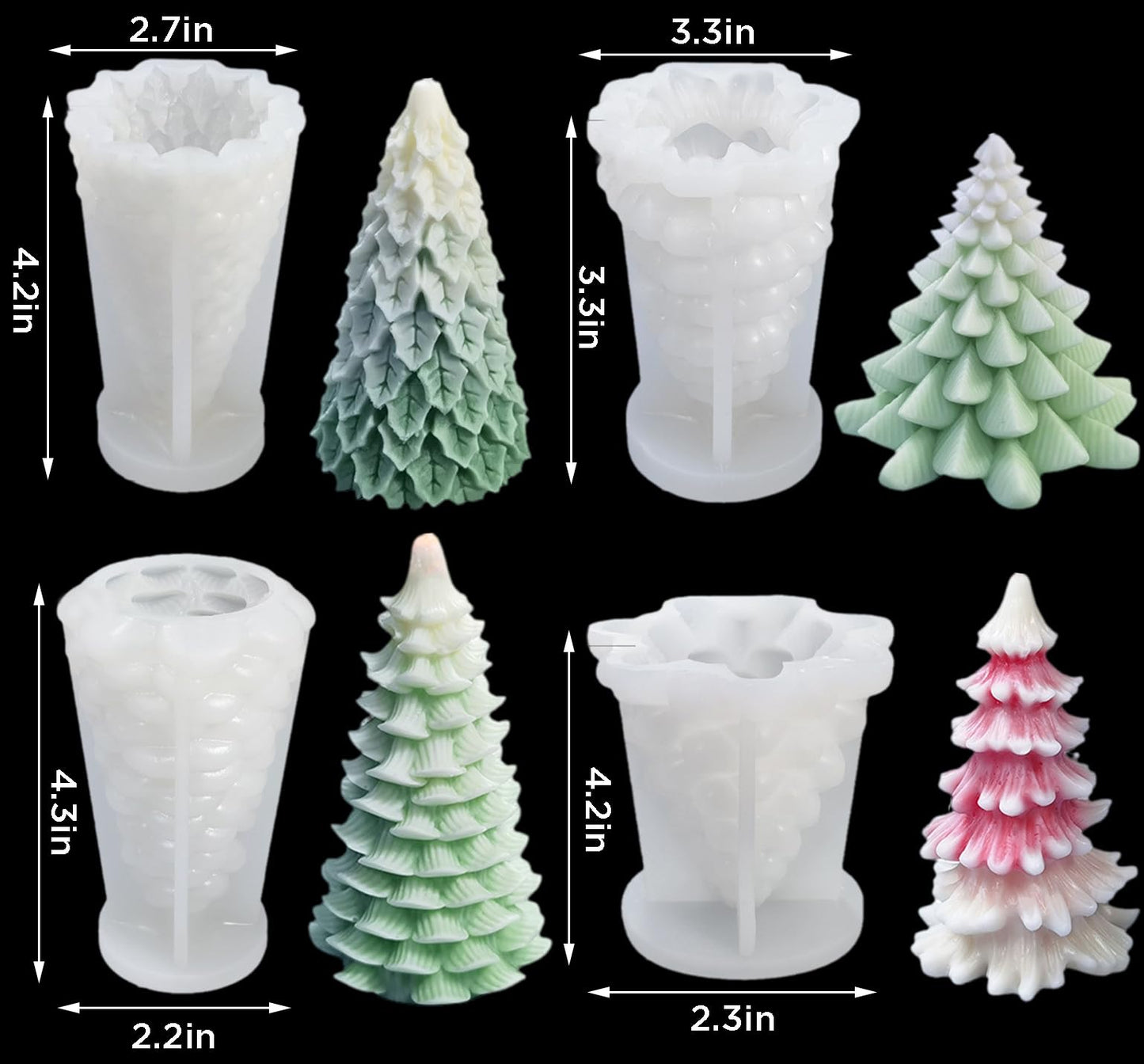 TOPYS 4PCS Christmas Tree Silicone Molds, 3D Candle Molds for Scented Candle Making Handmade Soap Bath Bomb Lotion Bar Chocolate Jello, DIY Xmas Tree Shaped Silicone Mold for Home Party Decoration