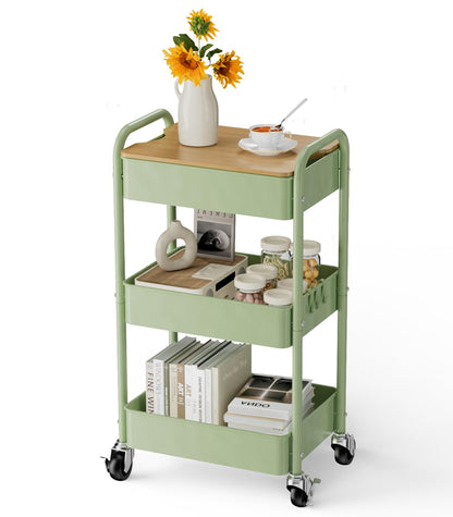 johgee 3 Tier Rolling Cart with Table top, Metal Rolling Utility Cart, Sturdy Storage Organizer Cart with Locking Wheels & Hooks for Office, Classroom, Kitchen and Bathroom
