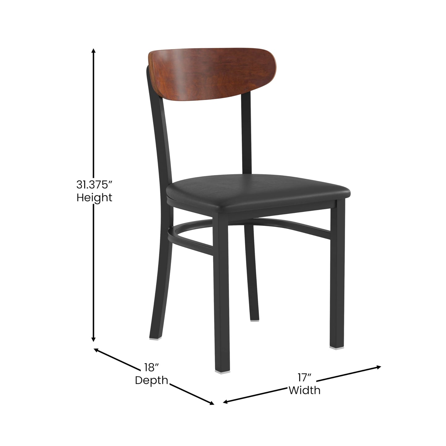 Flash Furniture Wright Set of 2 Commercial Dining Chairs - Walnut Wood Boomerang Back - Black Vinyl Seat - 500 LB. Capacity Black Steel Frame-Integrated Footrest
