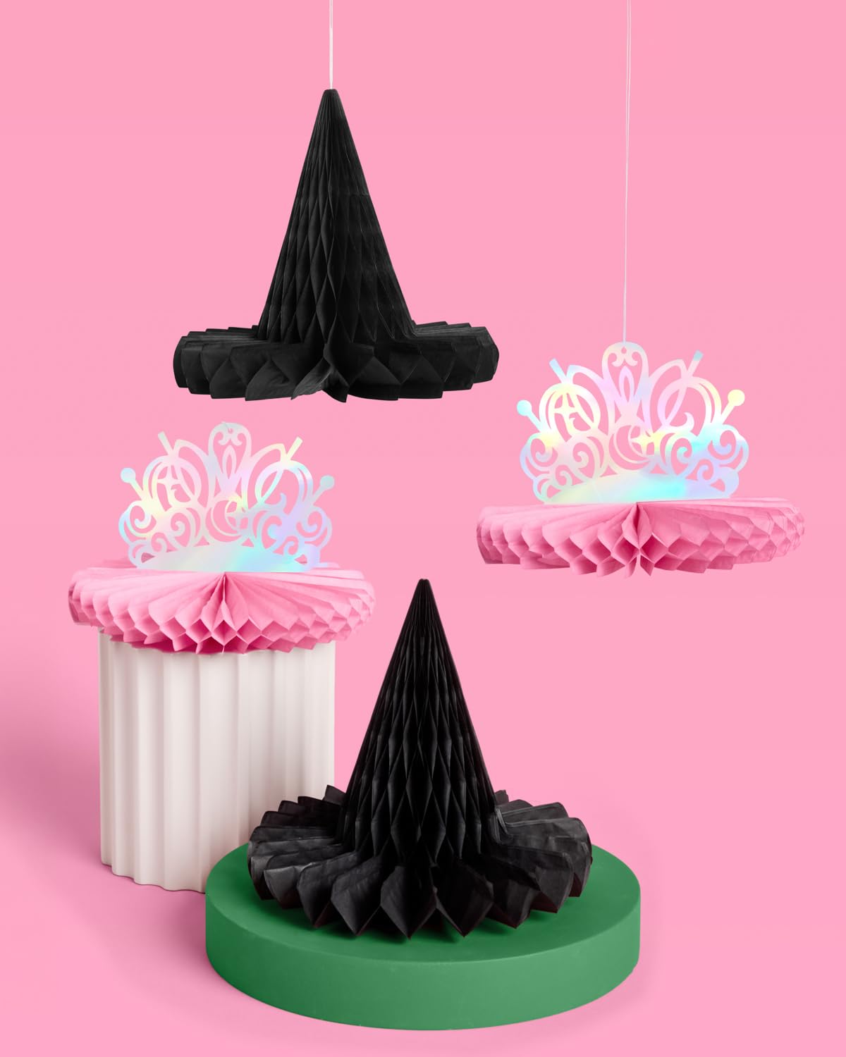 xo, Fetti Witch Party Hanging Decor - Set of 4 | Pink Tiara + Black Hat | Iridescent Centerpieces, Magical Birthday Decorations, 3D Tabletop Setting