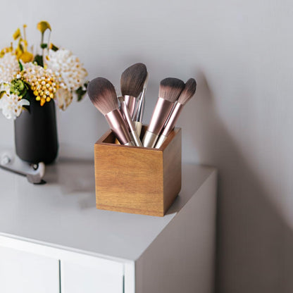 LBEMEY Acacia Wood Makeup Brush Holder Organizer for Vanity,Pen and Pencil Holder for Desk,Desktop Organizer for Store Marker, Makeup Brush, TV Remotes