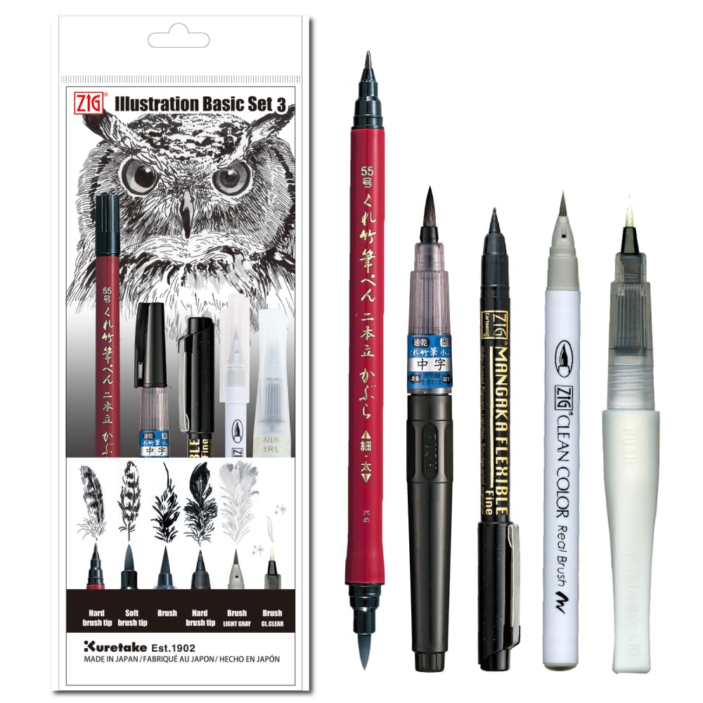 Kuretake Zig Inktober pen set, for Illustration, Manga Drawing, Lettering and Calligraphy, Professional Artist, Made in Japan (Basic No.3(5pcs.))