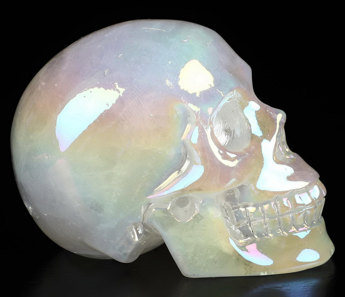 Skullis 2.0" Rainbow Aura Quartz Rock Crystal Skull, Hand Carved Gemstone Fine Art Sculpture, Reiki Healing Stone Statue.1636