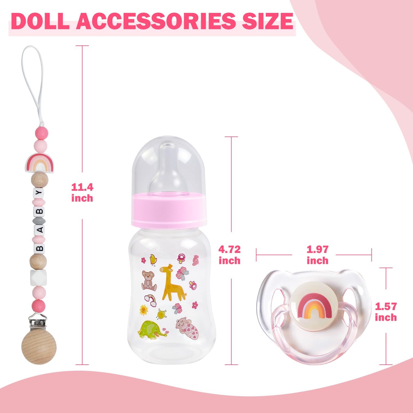 SCOM Reborn Baby Doll Accessories Set - Rainbow Silicone Pacifier Clips & Magnetic Pacifiers & Removable Reusable Baby Doll Bottles for Reallife Realistic Reborn Dolls Girls, Pink Style, 3 Pcs