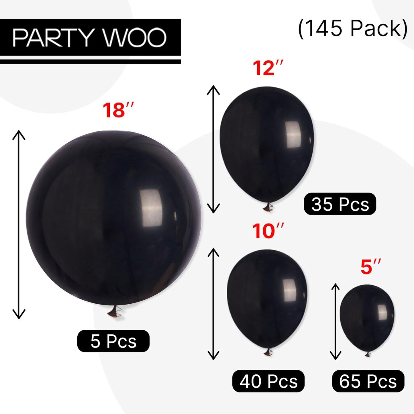 PartyWoo Black Balloons - 145-Piece Arch Kit with Various Sizes for Baby Showers, Birthdays & Anniversaries