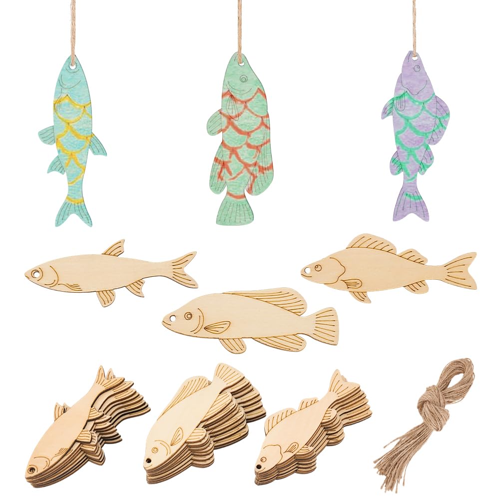AHANDMAKER 3 Styles 30Pcs Wooden Fish Cutouts, Fish Shape Unfinished Blank Wooden Signs with Hemp Rope, Wood Craft Supplies, Fish Hanging Ornaments for Home Pets Themed Party Decoration DIY Crafts