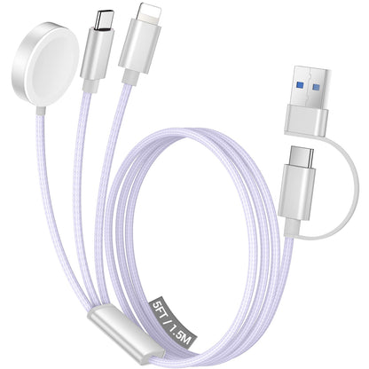 Temdan for Travel Vacation Essentials,3 in 2 USB C Cable for Apple Watch Charger/iPhone 17 Charger/Lightning,Multi Charging Cable Cord,Camping Essentials,Designed for iWatch &iPhone 16-12-5FT Purple