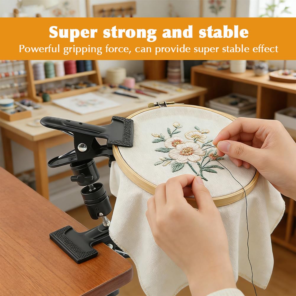 Metal Embroidery Hoop Stand Holder,Adjustable 360° Rotated Cross Stitch Lap Stand,Table Clip for Most Size/Shape Embroidery Needlework Hoops,Support Accessories Supplies for Craft DIY Projects,1pc