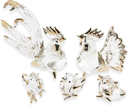 2" 5 Set WitnyStore Tiny Clear Gold Chicken Family Figurine Pieces - Miniature Hand Blown Glass Chickens Hen Rooster