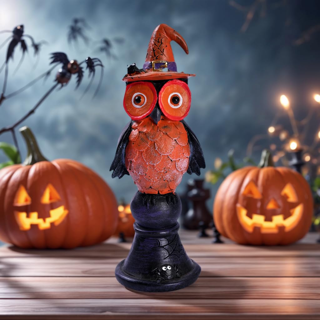 voiyio Resin Owl Statue Decor Home Indoor Halloween Party Decoration Figurine with Witch Hat Room Table Decoration Aesthetic Works of Art of Plastic (Orange)