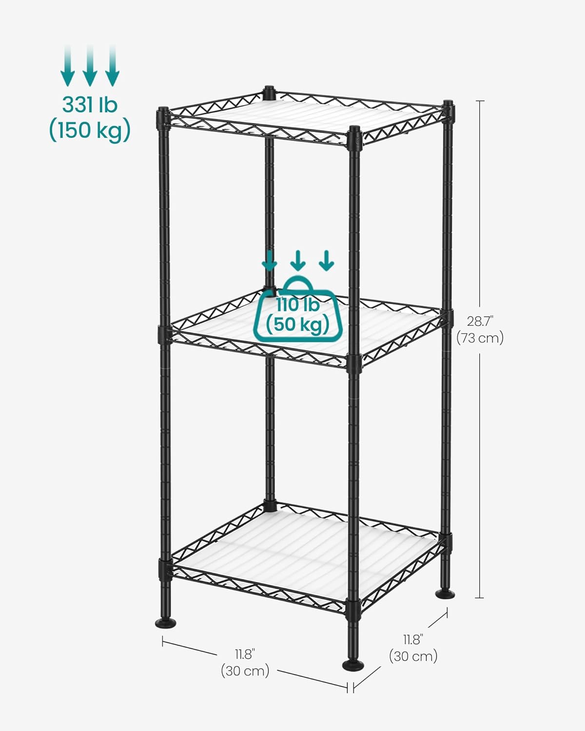 3-Tier 3 ULGR103B01 SONGMICS Bathroom Shelf, Storage Rack for Small Space, with PP Shelf Liners, Removable Hook