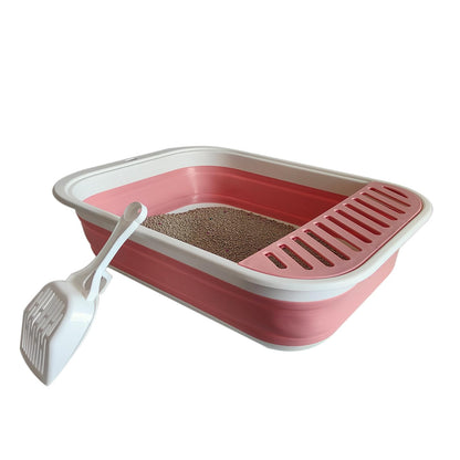 chuyouan Senior Cat Litter Boxes, Collapsible Open Low Entry Cat Litter Pan with Scoop Travel Cat Potty Pan Foldable Pet Toilet for Sick Disabled Older Elderly Cats Pink 20.9x15.7x5.7 inch