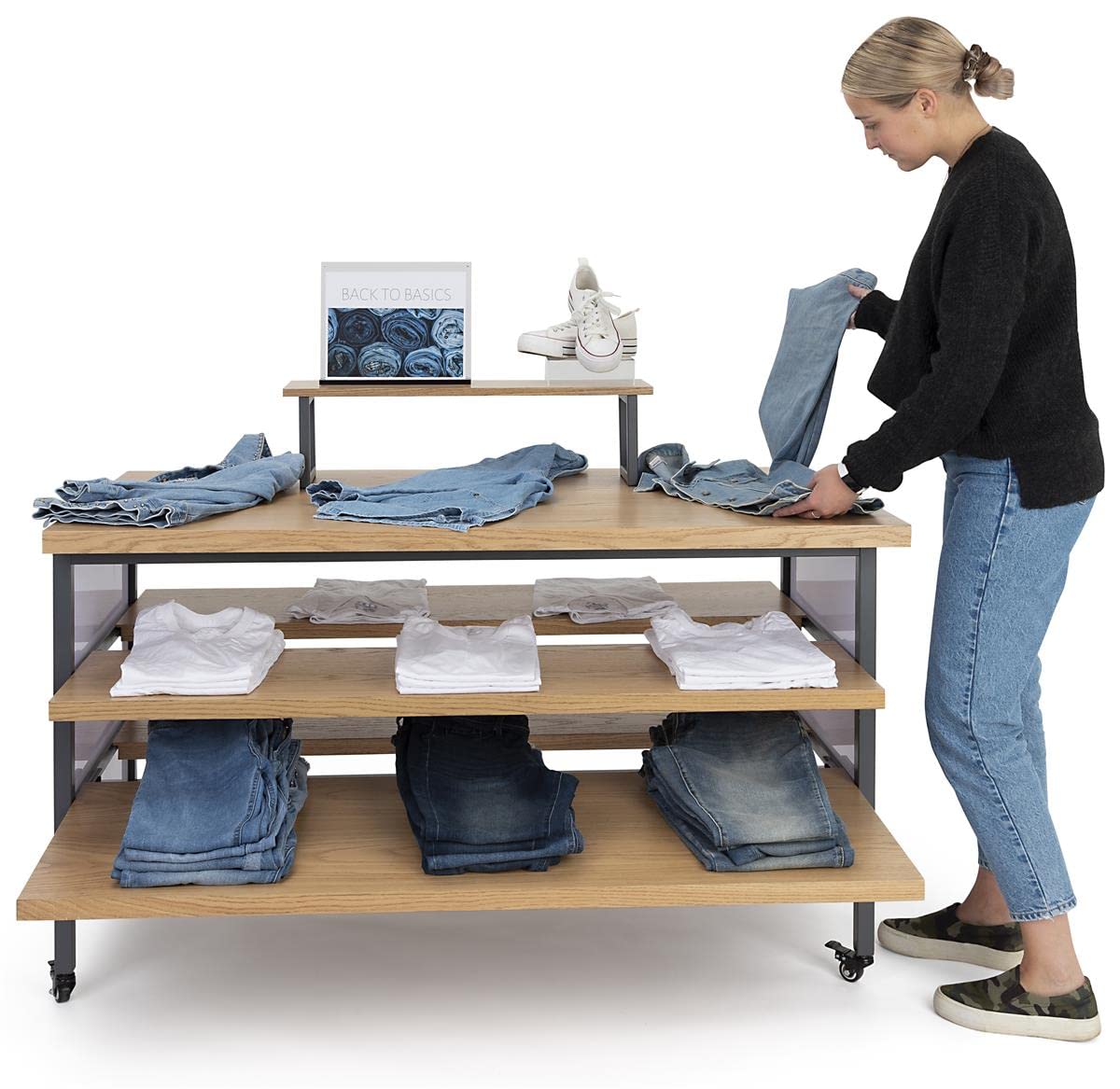 Displays2go Tiered Retail Display Table w/Wheels and Removable Top Riser - Natural Wood (SM3TWDR)
