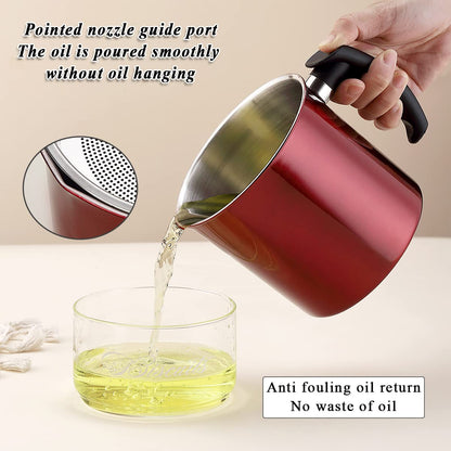Kyraton Bacon Grease Container With Strainer, 48 oz Metal Shining Red Stainless Steel Oil Container, Pot Fat Storage With Lid, Easy Grip Handle Suitable For Storing Frying Oil And Cooking Grease