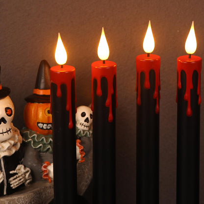DRomance Black Flameless Taper Candles Flickering with Remote and Timer, Blood Dripping Wax Effect Battery Operated Yellow Light LED Taper Candles Dinner Halloween Spooky Decor(4 Pack, 0.78" x 8.9")