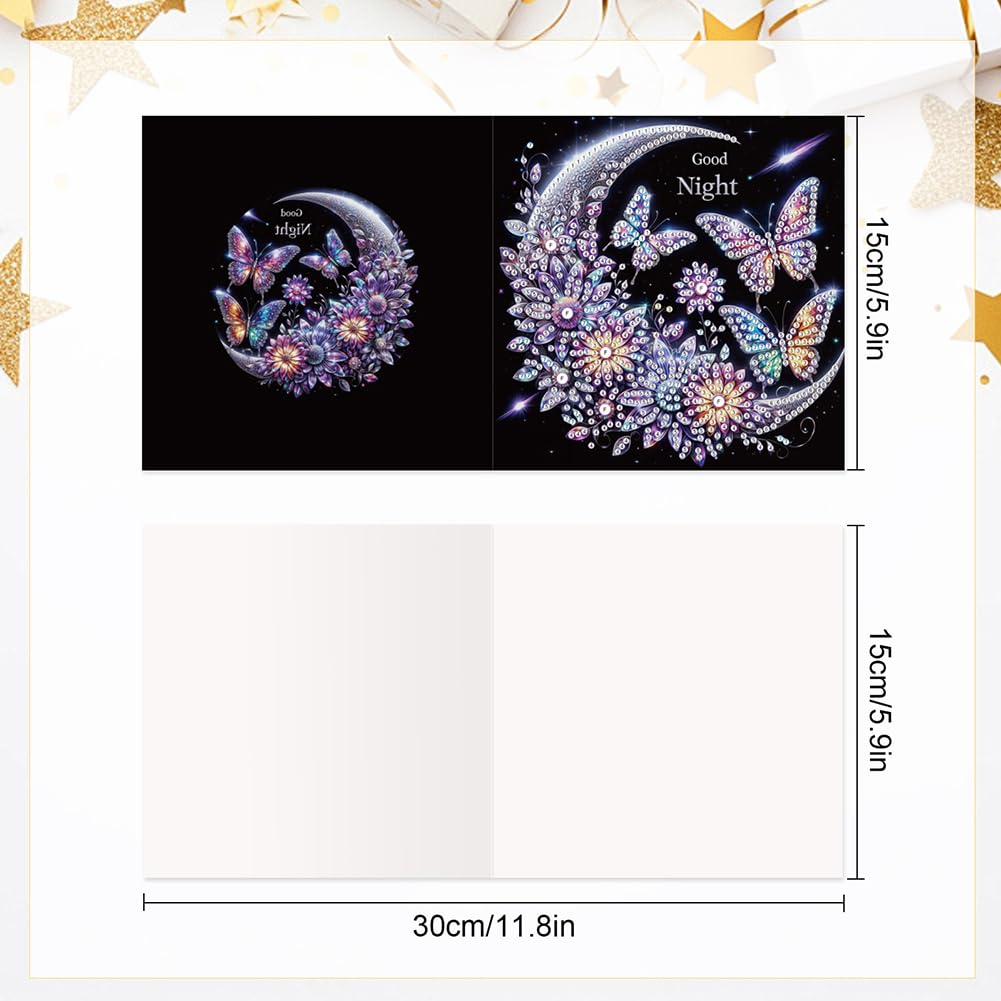 6 Pack 5D DIY Diamond Painting Moon Butterfly Greeting Card Kit, Diamond Art Christmas Birthday Holiday Greeting Card, Art Crafts Kit Creative Gift with Envelope