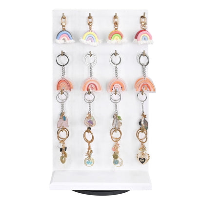 MOOCA Wooden Rotating Two-Sided Jewelry Display Stand, Rotating Organizer with 32 Long Hooks for Store, Keychain Earring Display, White color, 9.1W x 7.5 D x 17.1 H in