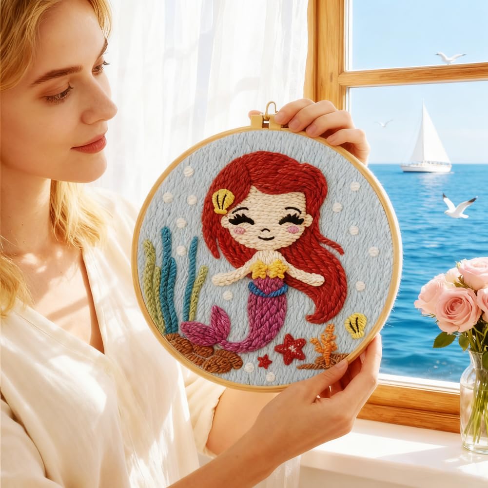 INFUNLY Mermaids Punch Needle Kit Round 8.7" DIY Embroidery Punch Needle Set for Adult Fairy Tales Punches Stitching Starter Kits with Easy to Follow Instruction Yarns Fabric Festival Gift Home Decor