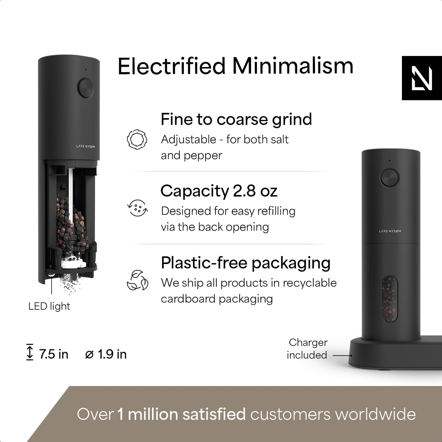 LARS NYSØM Electric Salt and Pepper Grinder Set I Automatic Salt and Pepper Mills with Adjustable Ceramic Grinder I USB Rechargeable Electric Spice Mill Set (Carbon Black)