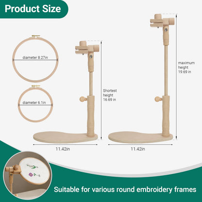 Airo Beech Wood Embroidery Hoop Stand, with 2 Pcs 6'' 8'' Embroidery Hoops, Rotatable, Tool-Free Installation, for Cross Stitch , Embroidery, Sewing Needlework