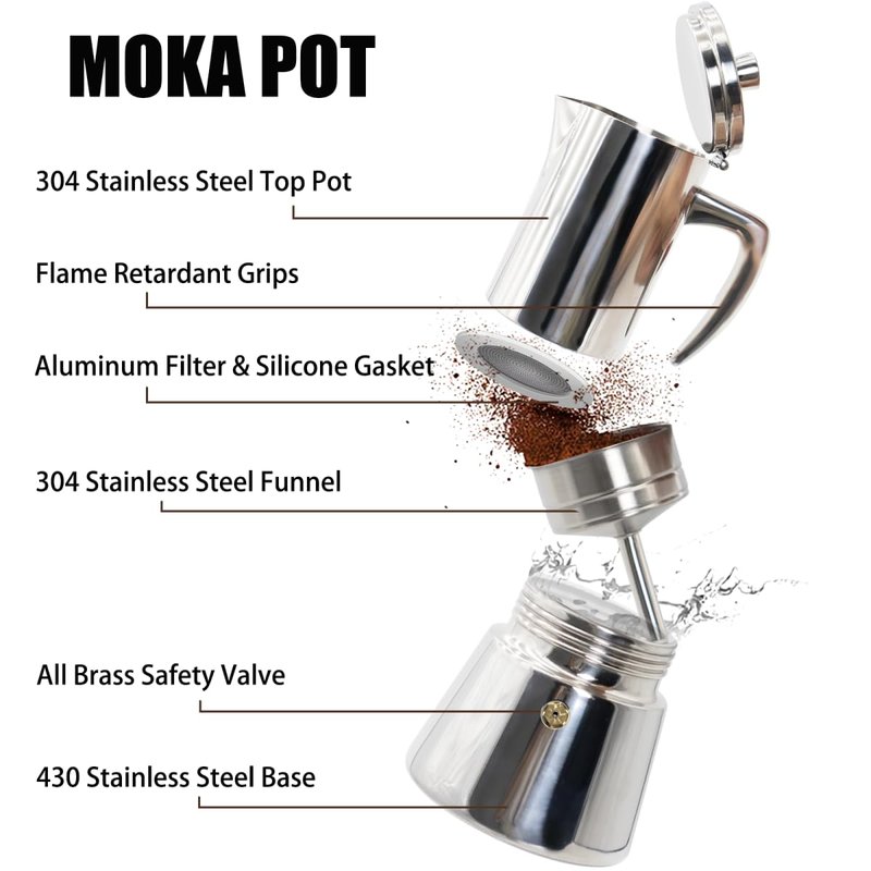 DITOSH 4 Cup Thickened 304 Stainless Steel Moka Pot Stovetop Espresso Maker Cafeteras Italian Percolator Espress Makers Capable Greca Mocha Coffee Machine for Induction Home and Camping 200ml 6.6oz